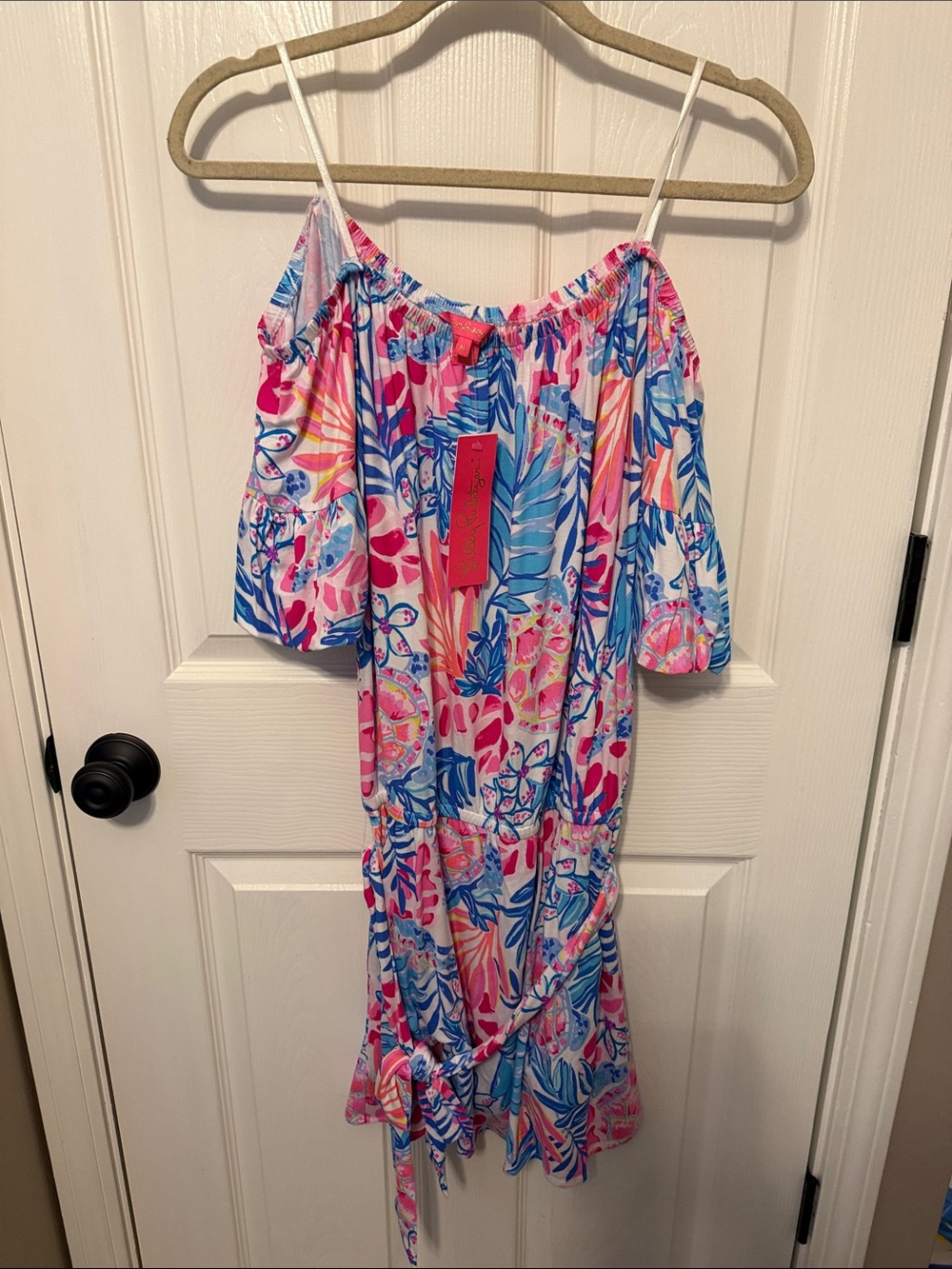 Bright Tropical Off-Shoulder Summer Romper with skirt in Pink & Blue